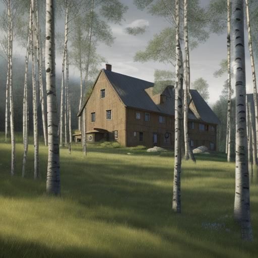 Photorealistic Mansion Among Birch Trees in Academic Style