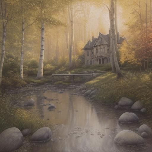 Hyperrealistic Mansion in Birch Grove at Sunset