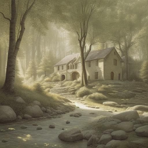 Romantic Mansion in Sunlight: Hyperrealistic Oil Painting