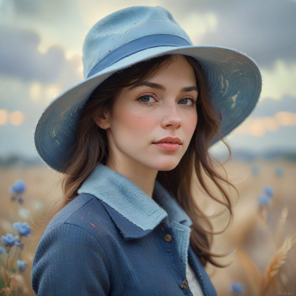 Impressionist Woman in Blue Hat Portrait
