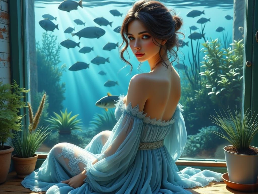 Aquatic Bedroom: Woman Gazing at Exotic Fish