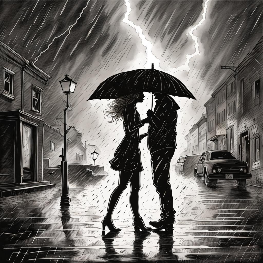 Romantic Kiss in Thunderstorm, Whimsical Illustration