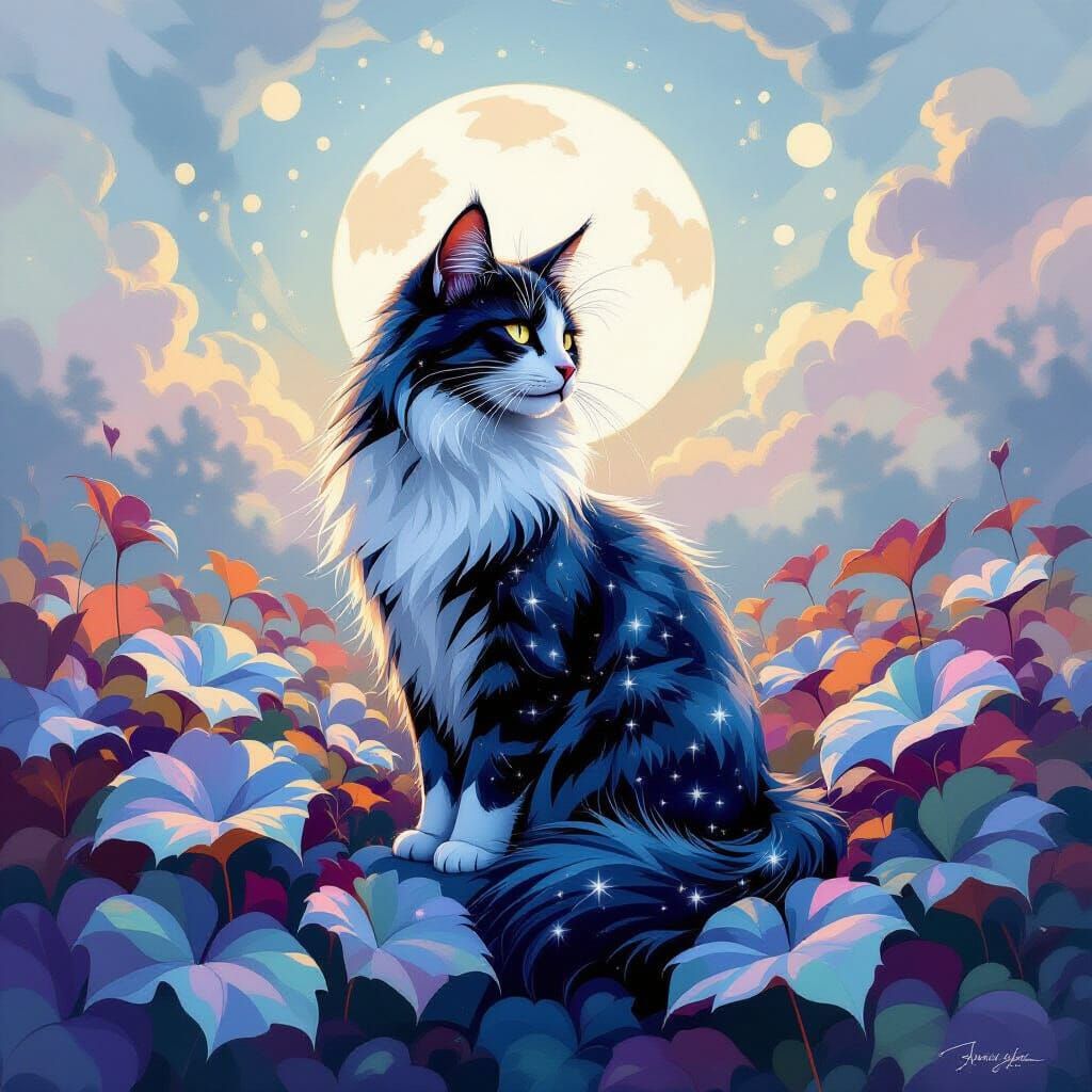 Ethereal Stardust Cat Amidst Luminescent Leaves