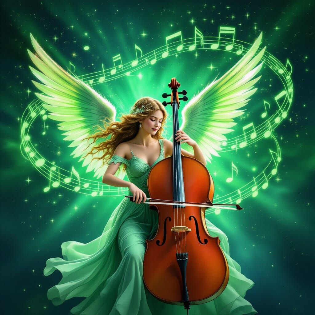 Cosmic Goddess Angel Plays Cello Amidst Electric Green Unive...