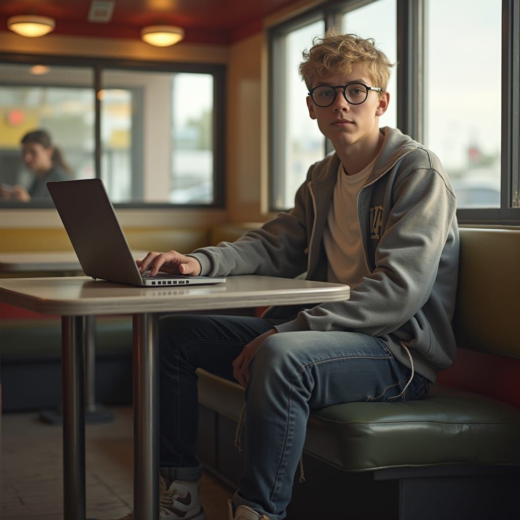 Hyper-Realistic Photo of a Young Man at Fast Food Table