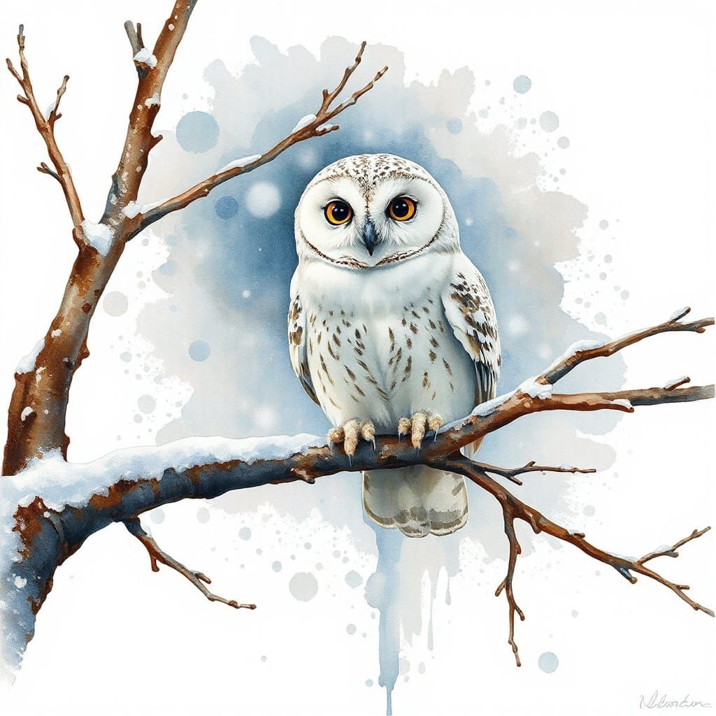 Whimsical Winter Owl on Branch in Watercolour Style