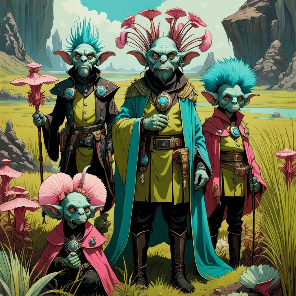 Goblin Warlock Family Portrait in Futuristic Style