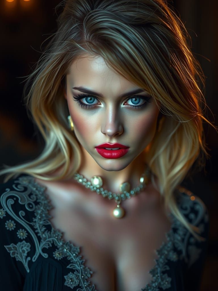 Blonde Woman with Blue Eyes in Cinematic Lighting