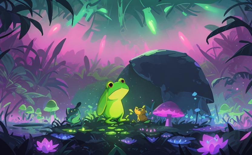 Neon Jungle Frog and Rabbits Illustration