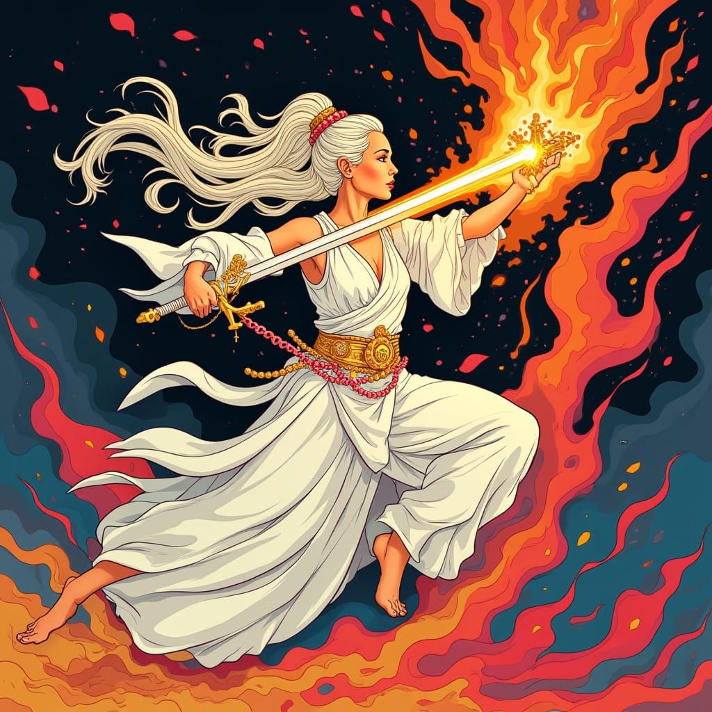 Vibrant Goddess Slaying Darkness in Pop Art