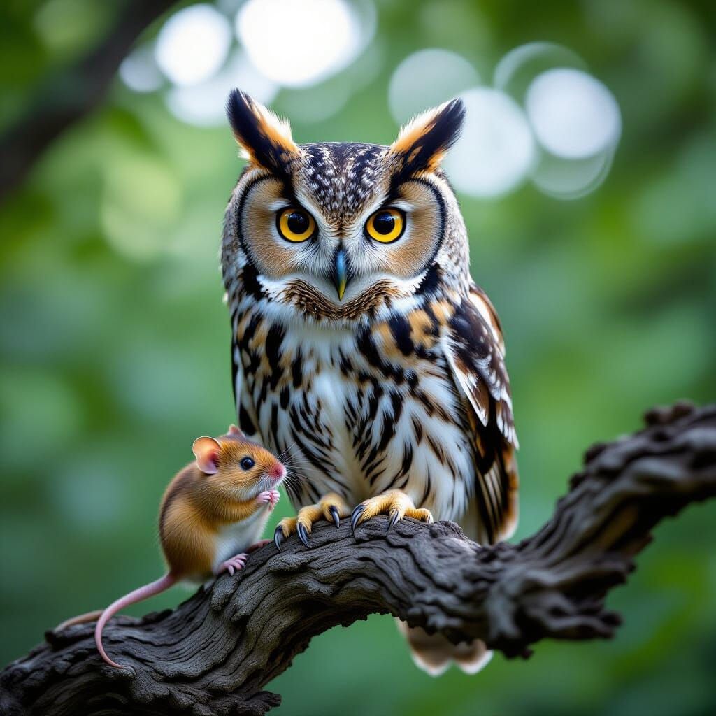 Photorealistic Owl with Mouse in Dappled Moonlight
