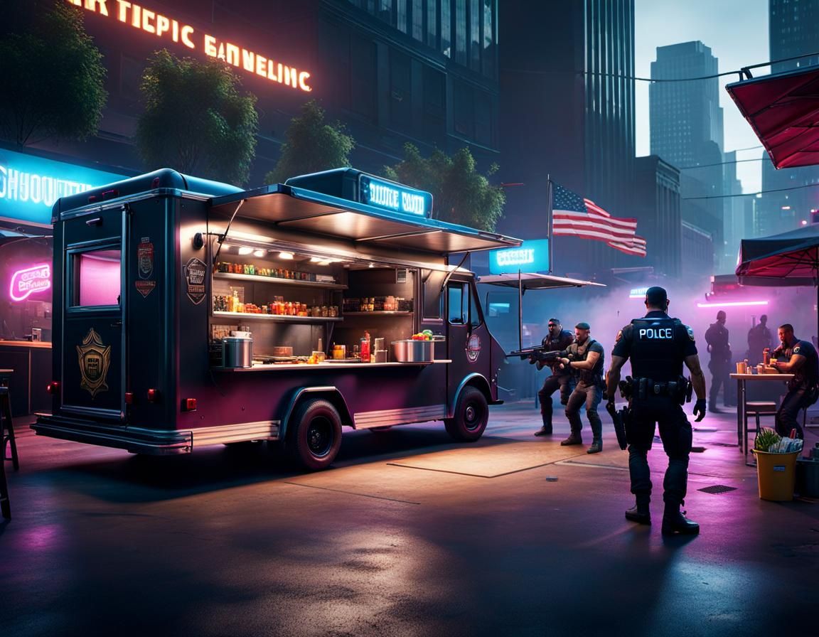 Cyberpunk Food Truck Shootout: Police vs Gangsters