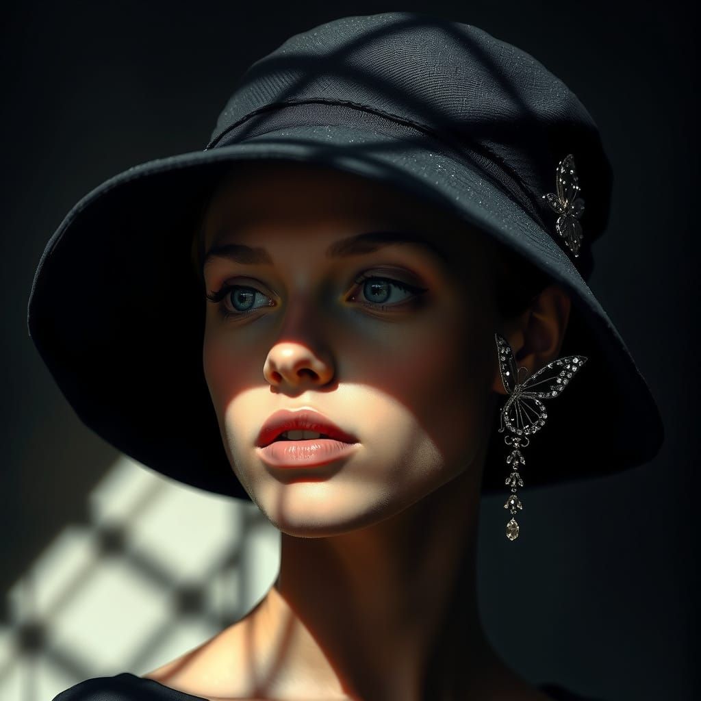 Young Woman in a Dramatic Black Hat with Diamond Earrings