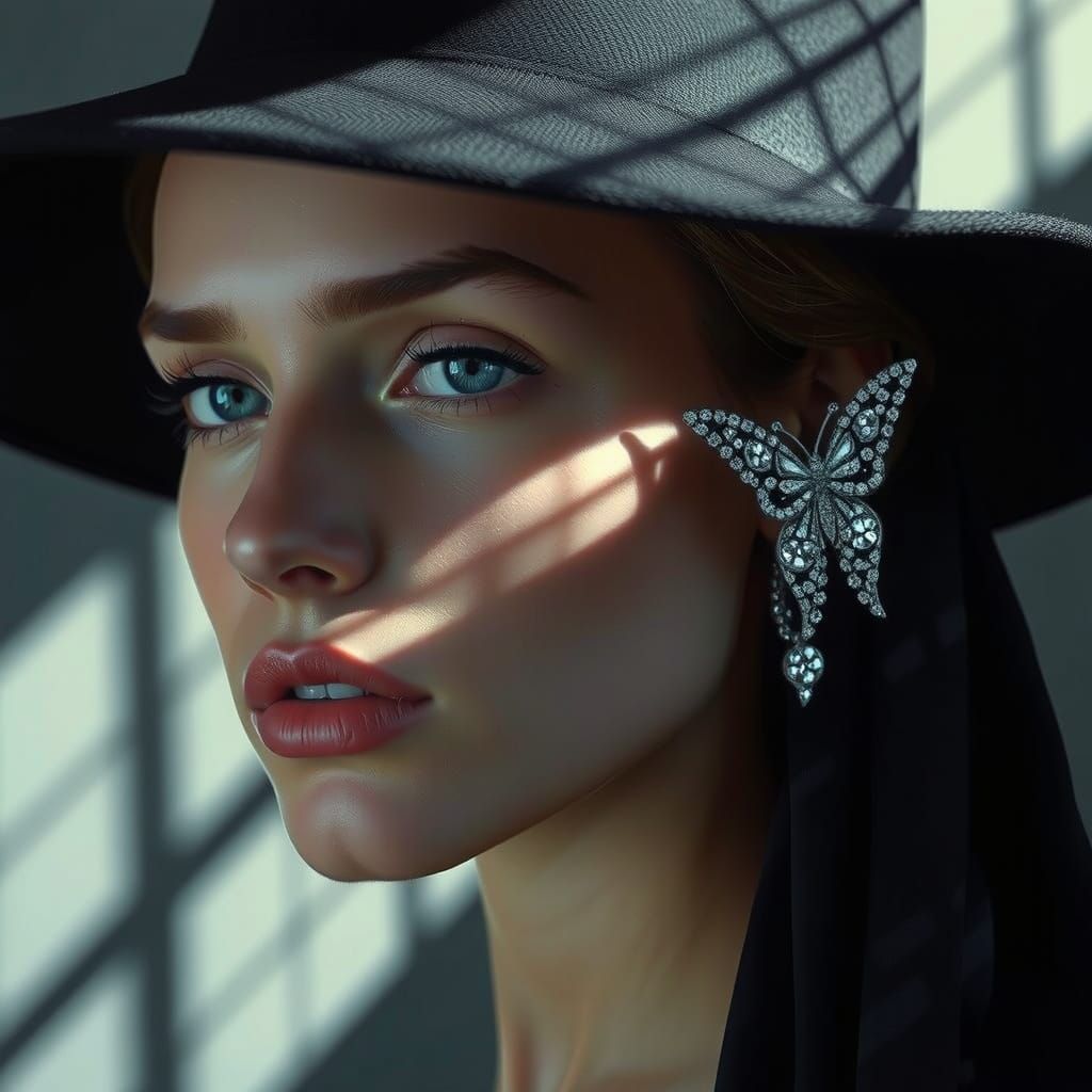Young Woman in Elegant Black Hat with Diamond Butterfly Earr...