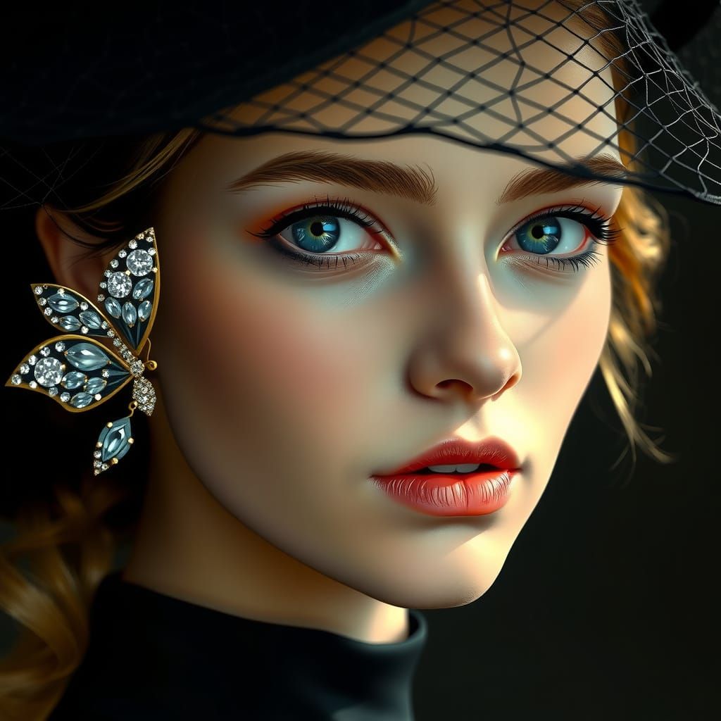 Hyperrealistic Portrait of a Young Woman in a Dramatic Black...