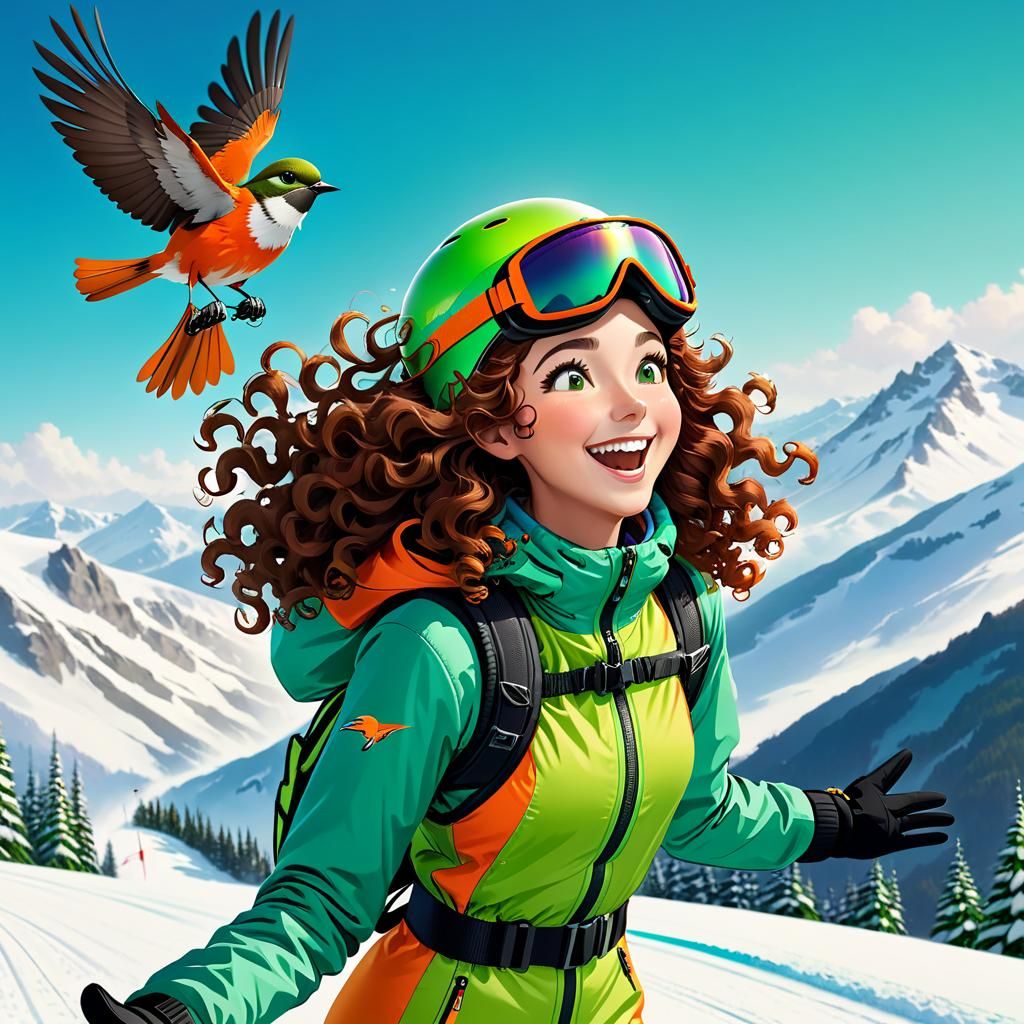 Teenage Girl Ski Jumps as Bird Looks On