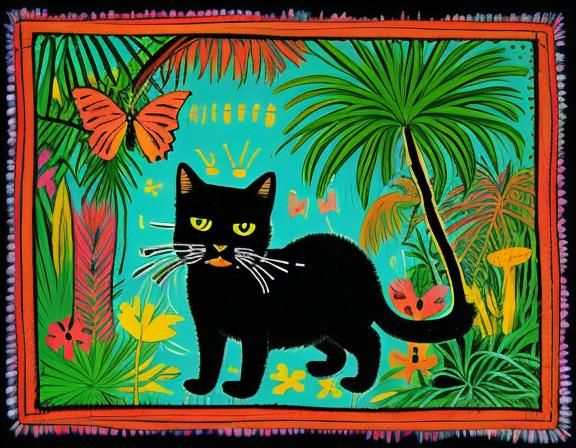 Cat in Jungle, Basquiat-Inspired Digital Art