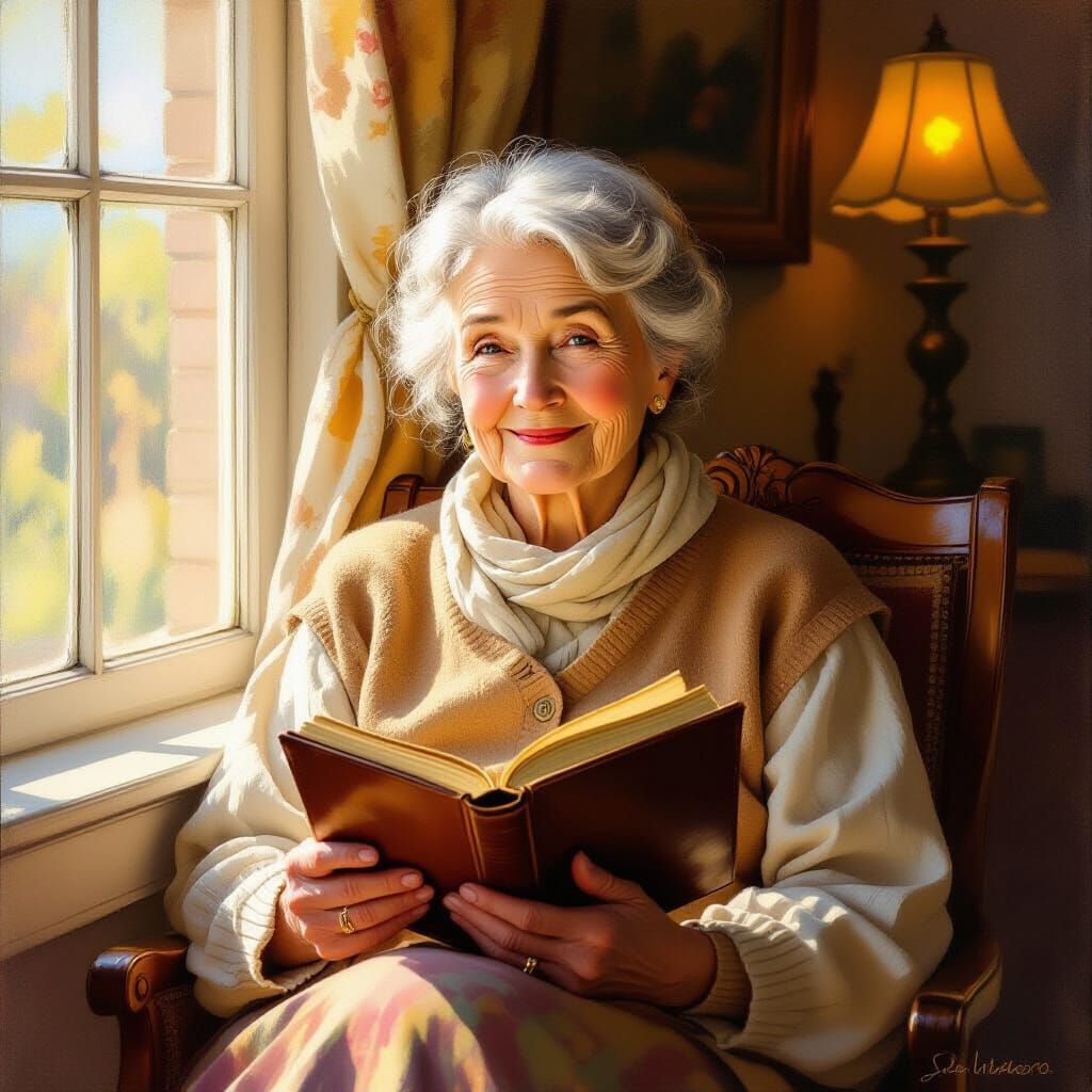 Elderly Woman in Impressionist Sunlight by Window