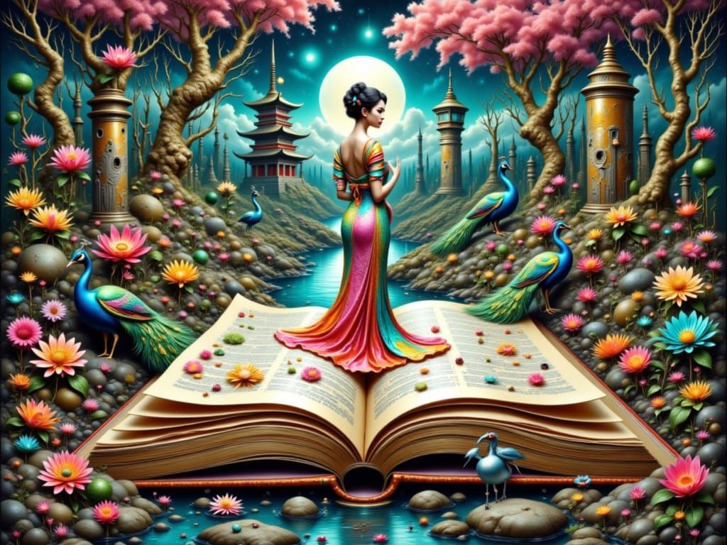 Geisha Fantasy Book with Pagoda and River