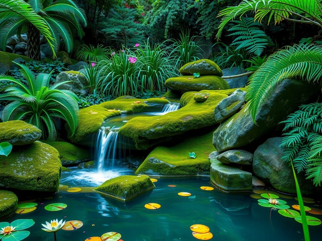Serene Waterfall Oasis in Vibrant Waterlily Blue Lake