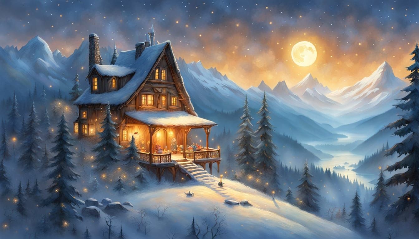 Surreal Snowy Mountain Hamlet in Ethereal Moonlight