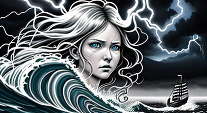 a whispy ghostly beautiful ethereal angry goddess face in clouds and lightning in the sky blowing a sttorm on a tiny boa...