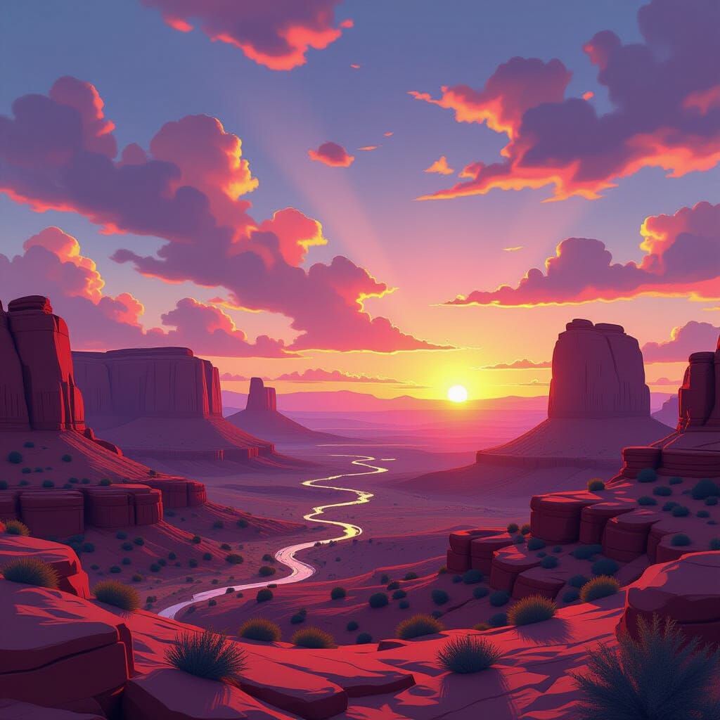 Vibrant 3D Anime Sunset Over Arches National Park