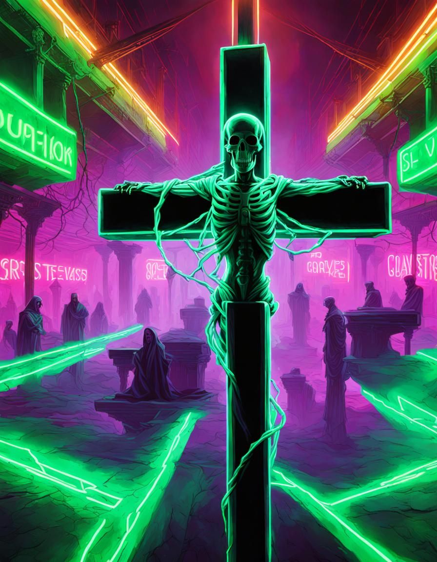 Cyberpunk Neon Crucifix Skeleton in Cobwebs