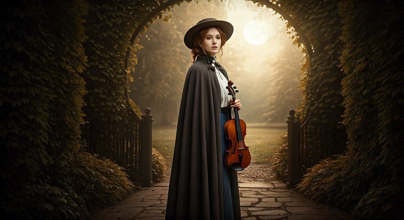 Mystical Woman in Moonlit Garden with Violin