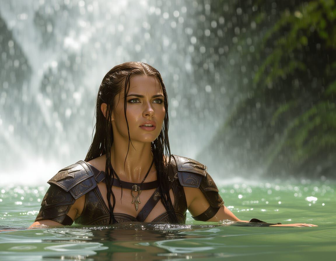 Fierce Warrior Emerges from Waterfall in Golden Light