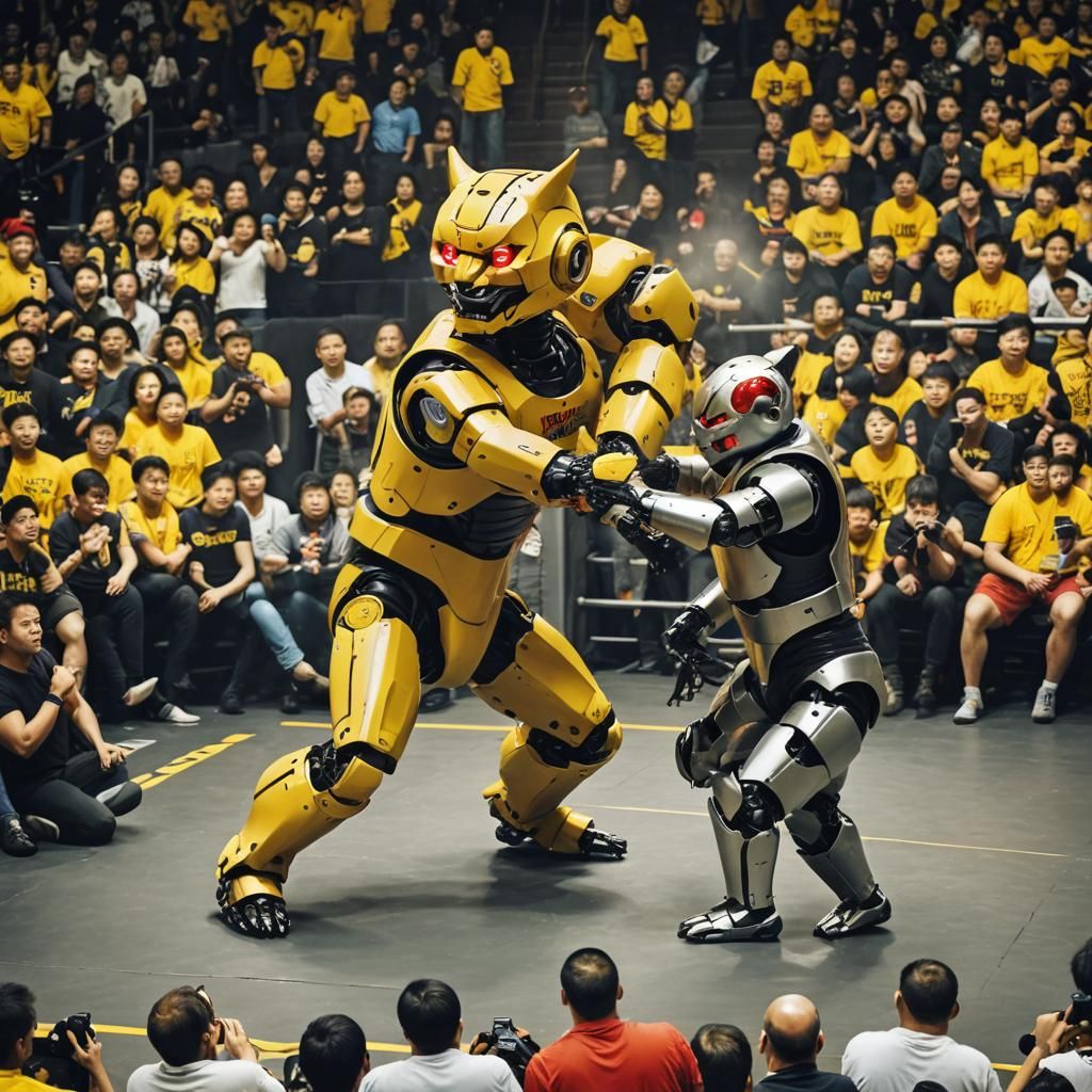 Robot Cat Wrestles Yellow Wrestler in Front of Fans