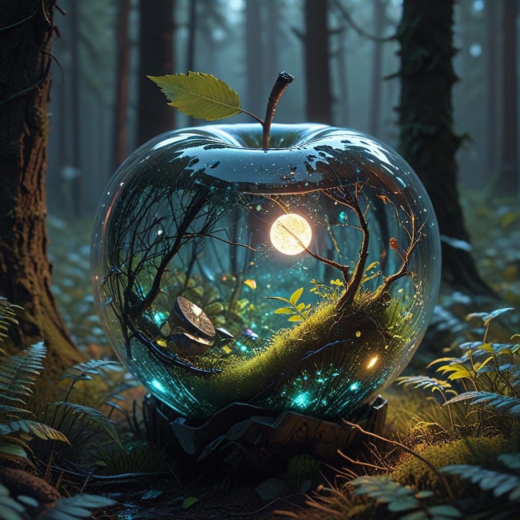 Glowing Glass Apple Illuminates Enchanted Forest in Surreal...