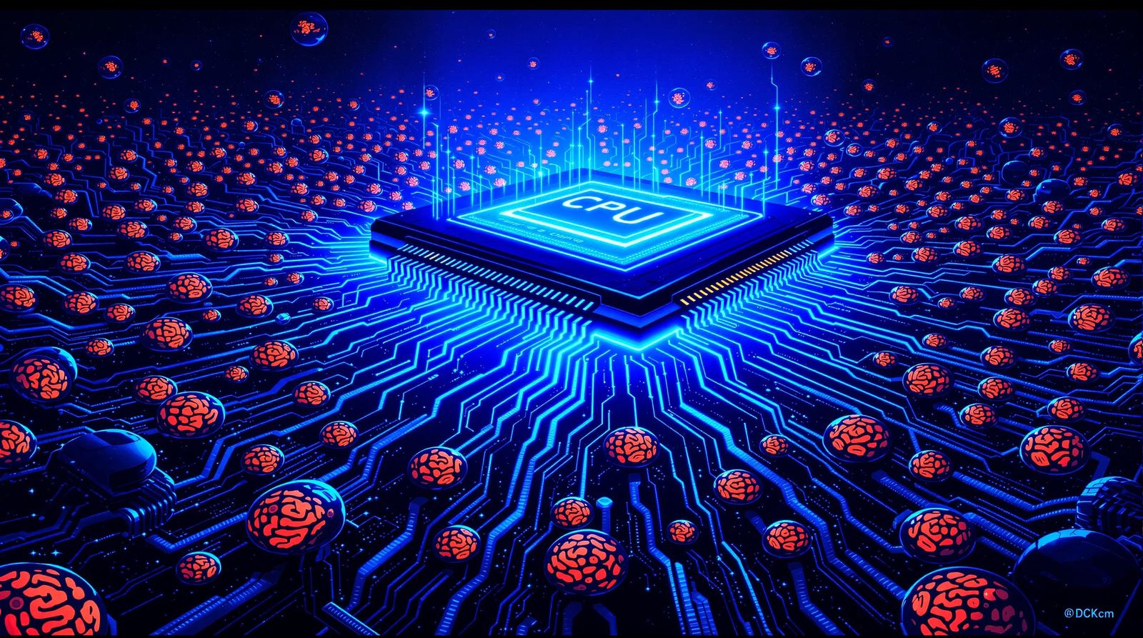 Giant Glowing CPU Connects to Brains in Graphic Novel Style