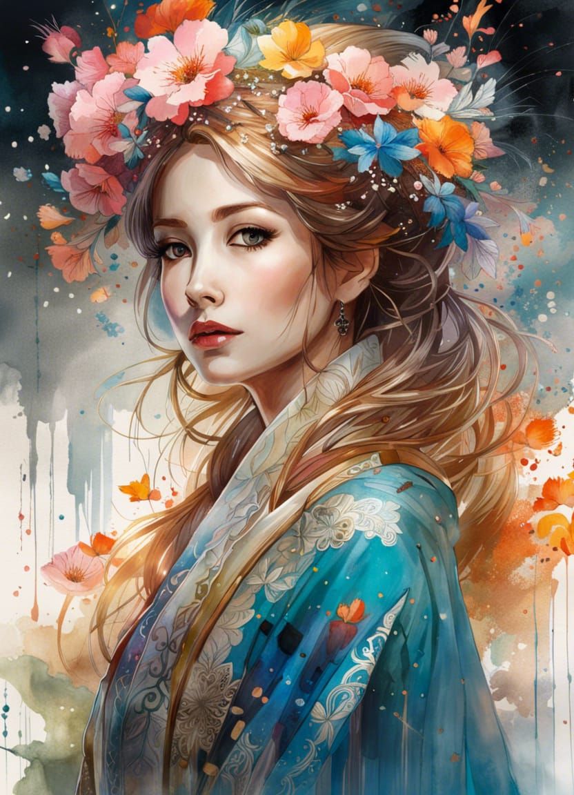 Detailed Watercolor Manga Portrait of Flower Princess