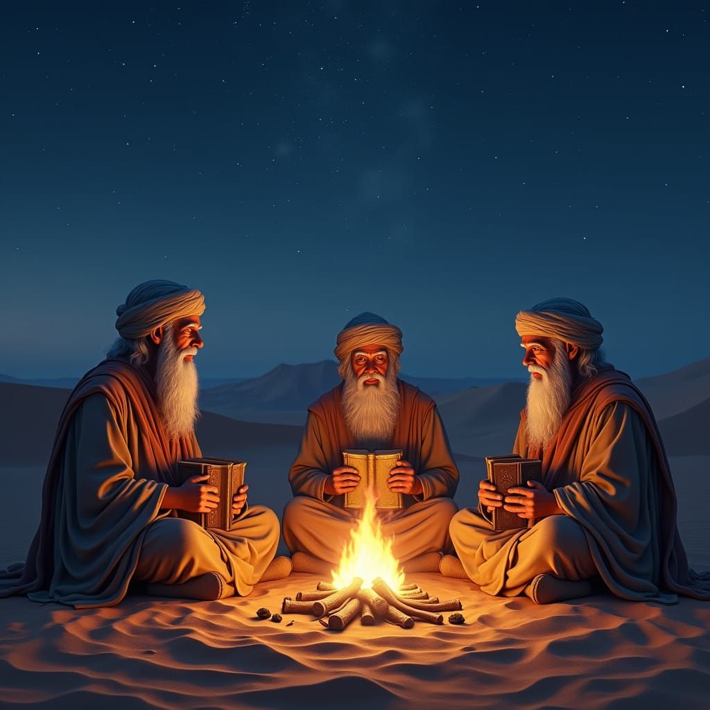 Three Wise Men Contemplate Under Celestial Desert Skies
