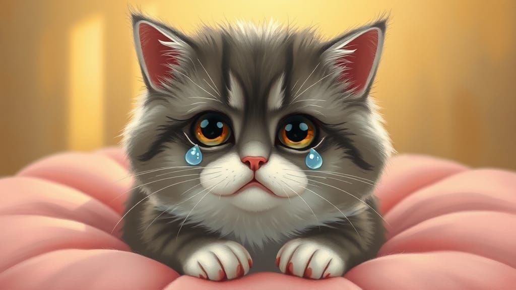 Sad Fluffy Cat with Tears in Storybook Style