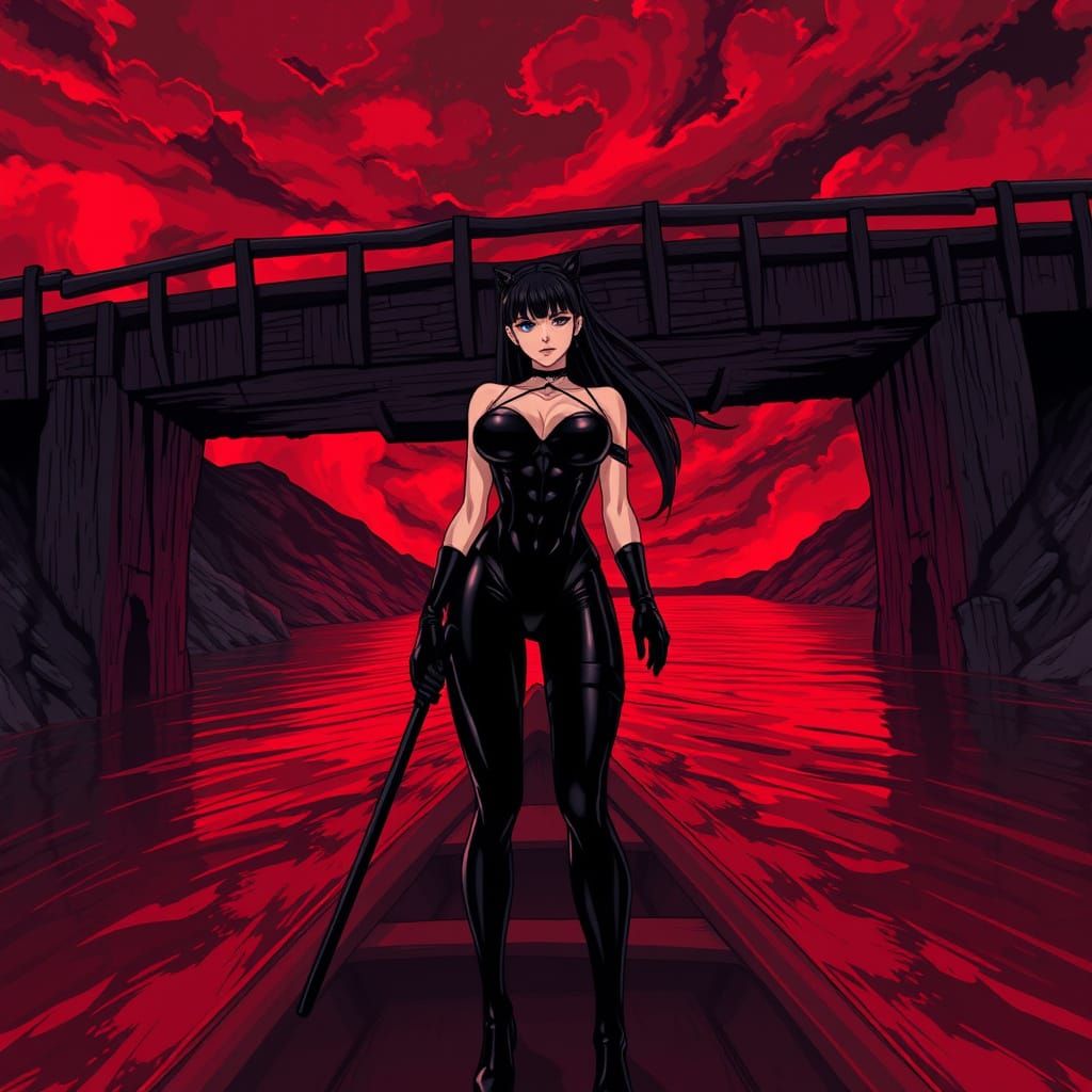 Dominatrix on Boat Crossing River Styx Under Wooden Bridge i...