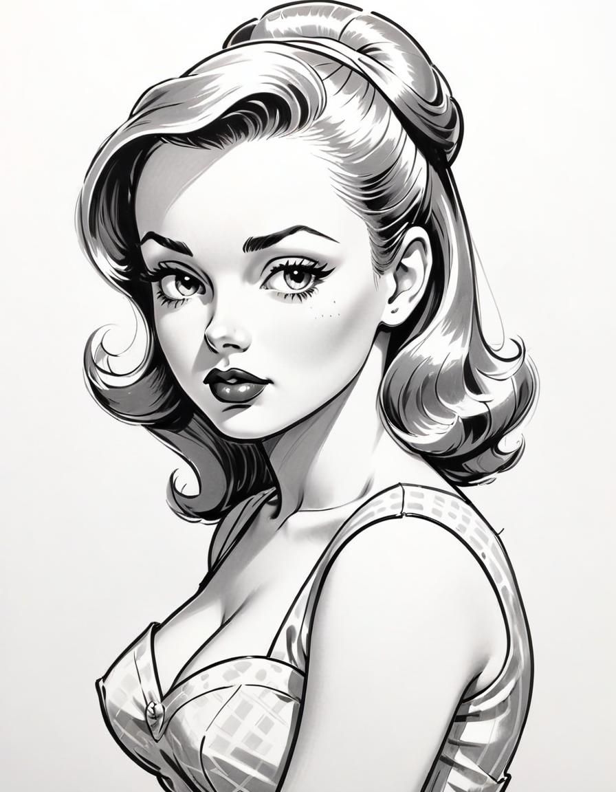 1950s Pinup Girl Portrait Retro Style Sketch Drawing (Blue Pencil XL)