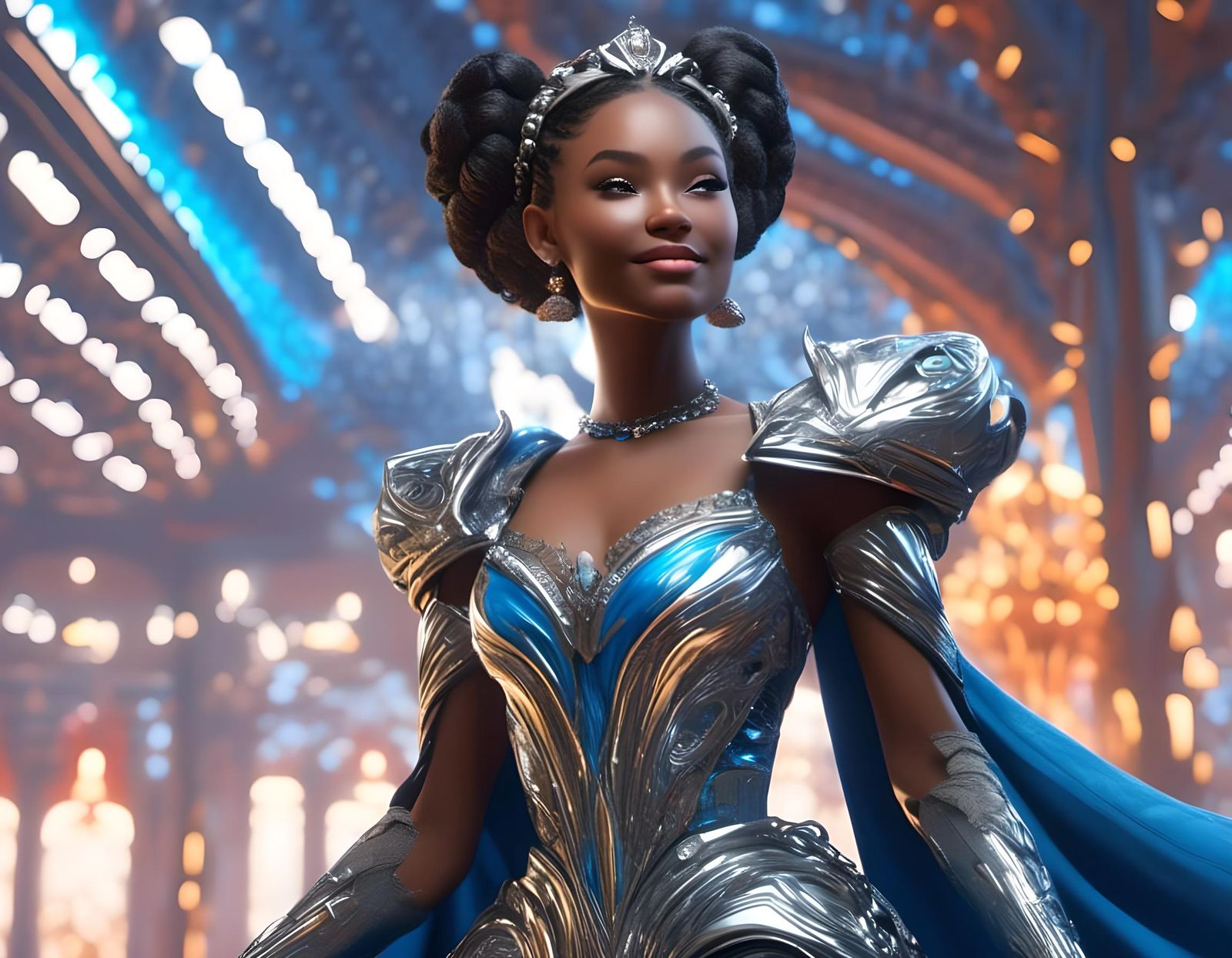 Futuristic Princess in Silver and Blue, Pixar Style