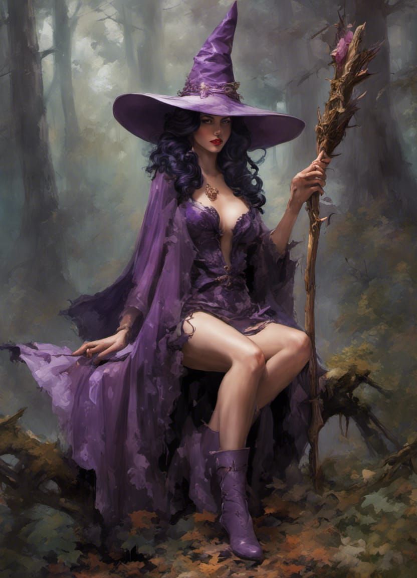 Woodland Witch Pin-Up Art, Detailed Digital Painting