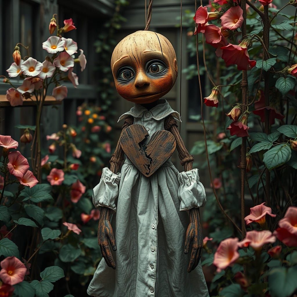 Rugged Puppet in Lonely, Vintage Garden with Broken Wooden H...