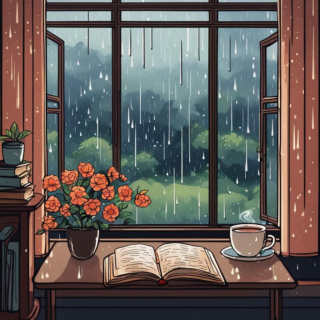 Rainy Window View with Cat and Flowers