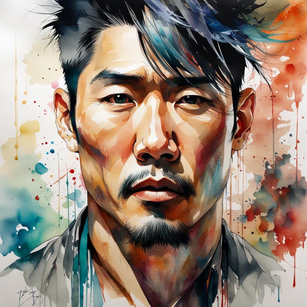 Watercolor Portrait of Handsome Asian Man