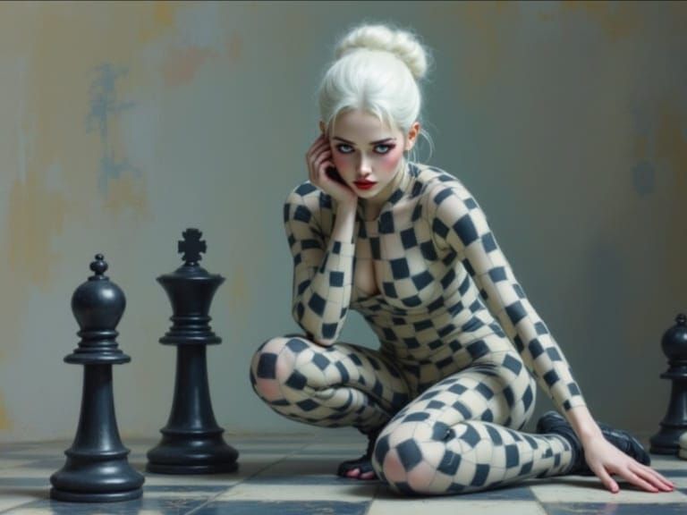 Surreal Checkered Figure on Chessboard in Soft Pastel Style