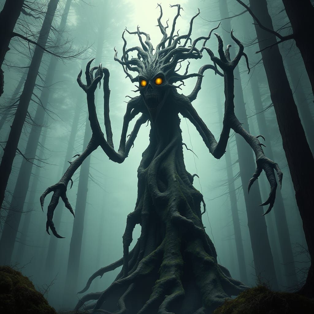 Twisted Forest Guardian in Eerie, Surreal Atmosphere
