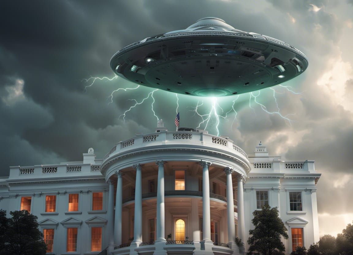 Alien Spaceship Over White House in Stormy Weather