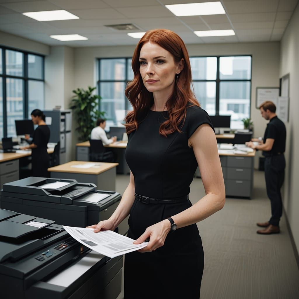 Woman in Modern Office Standing by Copier, Dark Red Hair