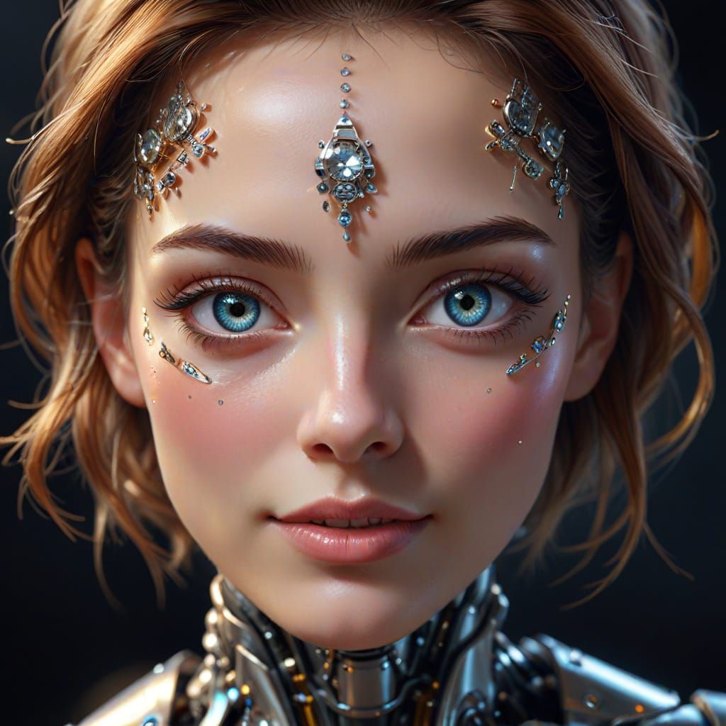 Robot Portrait with Diamonds in Oil Painting Style