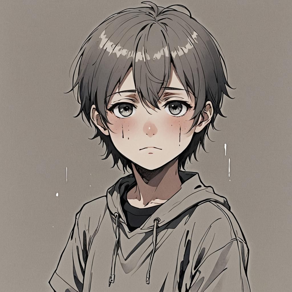 Crying Boy in Anime Style Illustration
