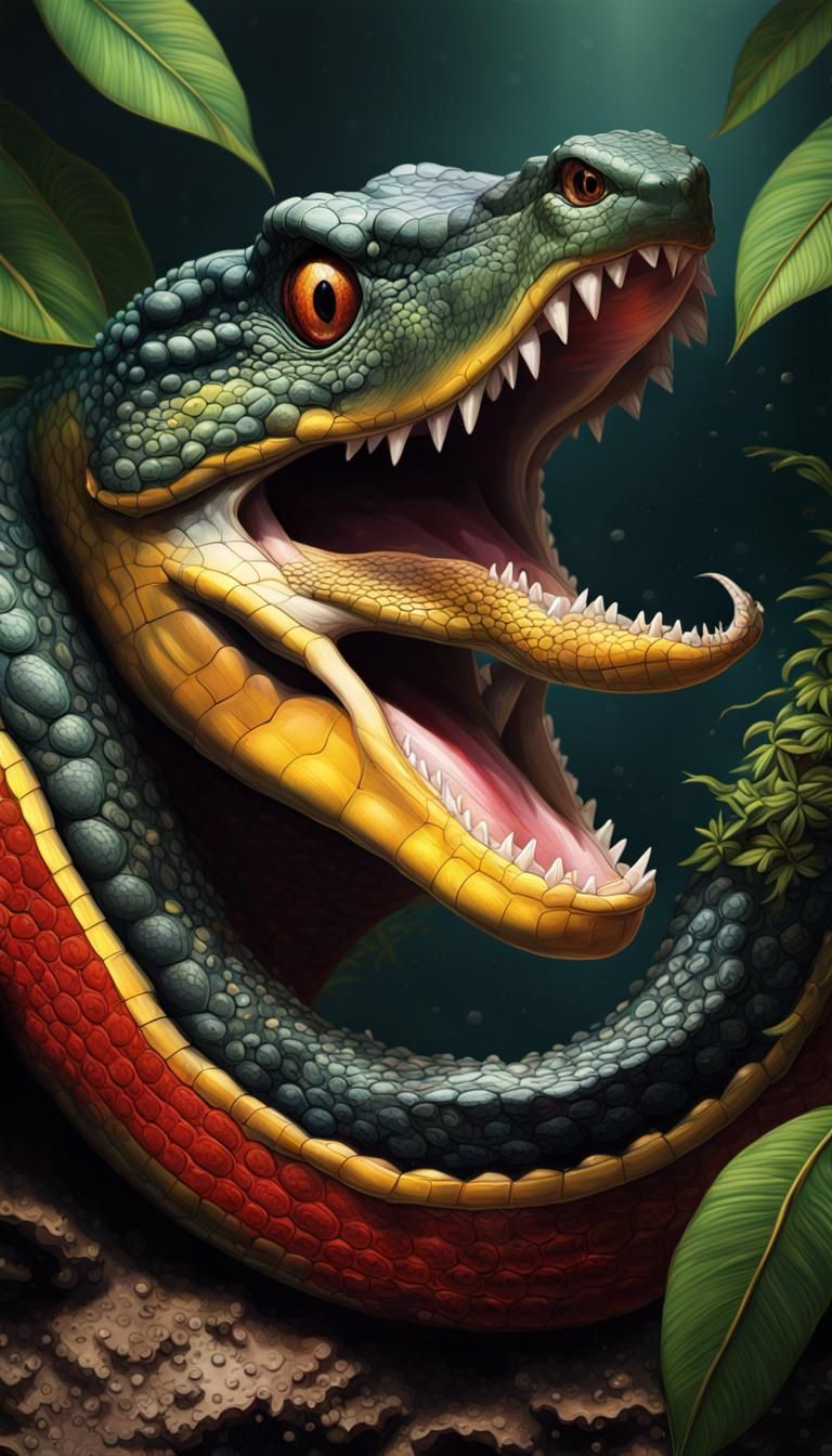Hyperrealistic Mangrove Snake, Crocodile, and Lizard Allianc...